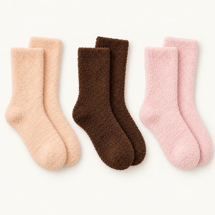 Warm Neutrals bundle: peach beige, dark chocolate brown and pale blush pink fuzzy socks